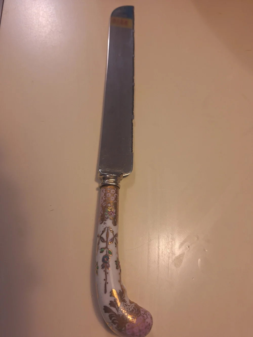 Sheffield England Stainless Cake Pie Bread Knife Floral Ceramic Porcelain Handle